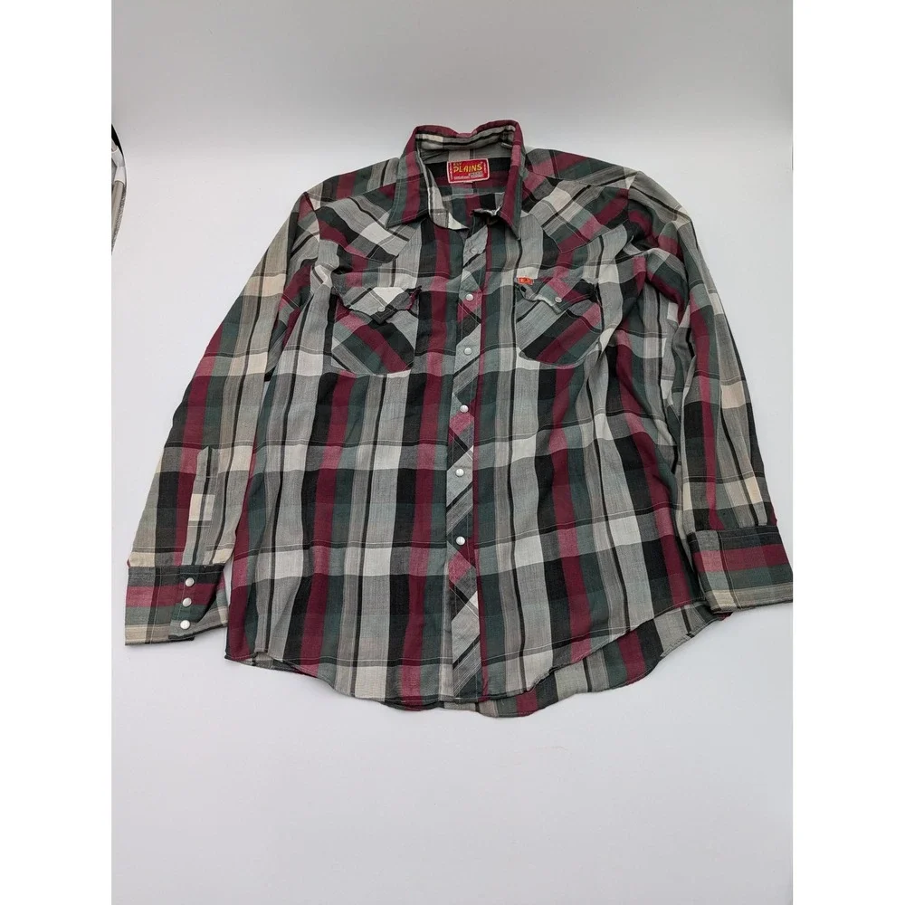 Ely Plains Vintage Western Pearl Snap Plaid Shirt Burgundy Green Mens 16.5 x‎ 34